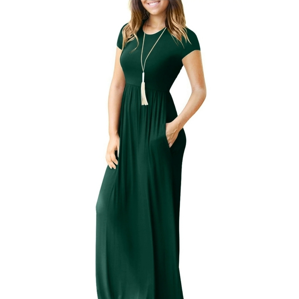 Euovmy T-shirt Maxi Dress XL Dark Green Scoop neck short sleeve Pockets